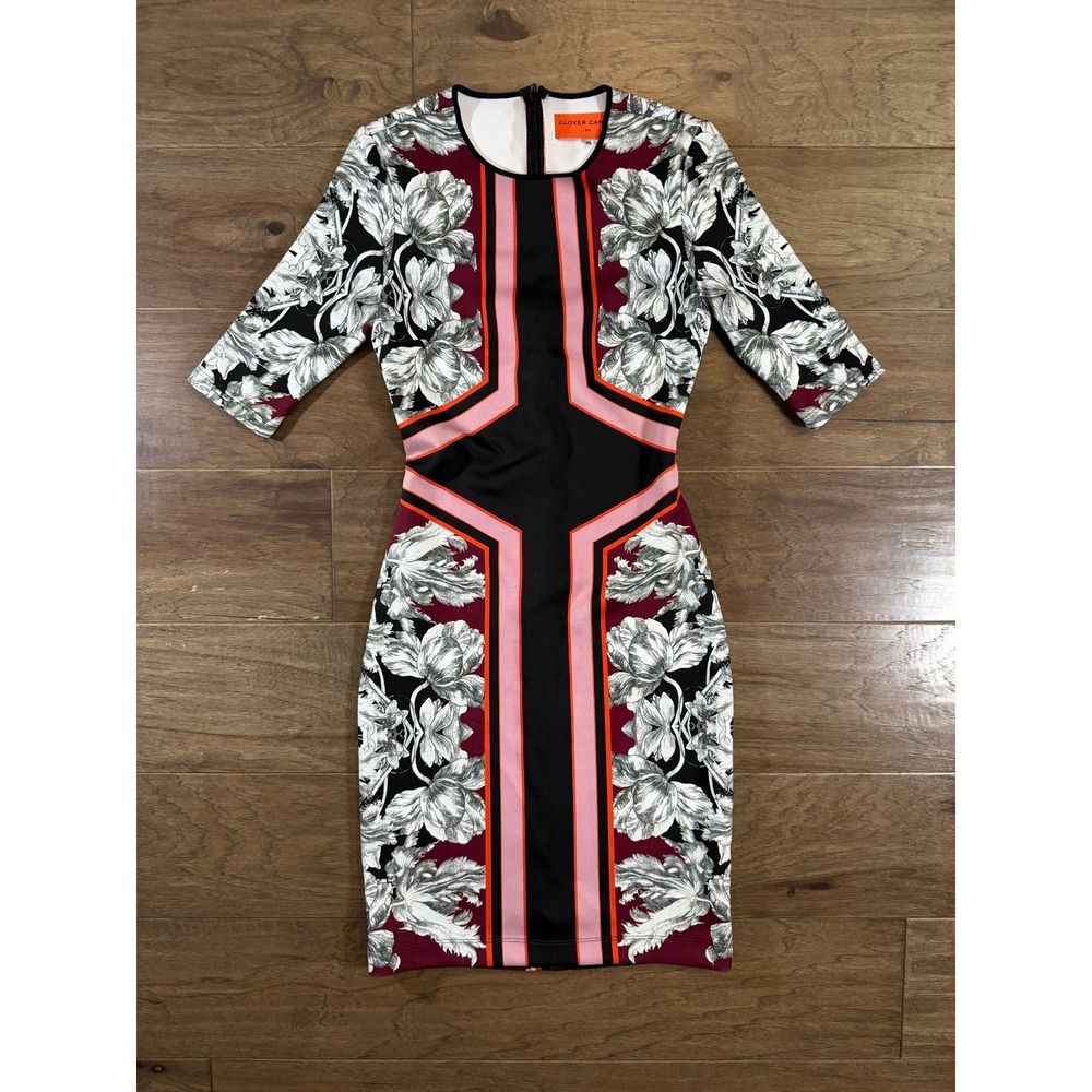 Clover Canyon XS Floral Geometric Neoprene Bodycon Sheath Dress Black Burgundy